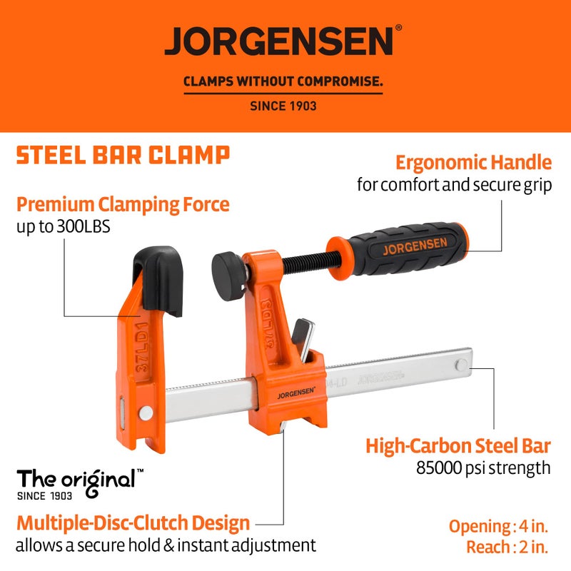 Jorgensen 2-Pack Steel Bar Clamp Set, 4-inch Light Duty, 300 Lbs Load Limit, for Woodworking - Image 2